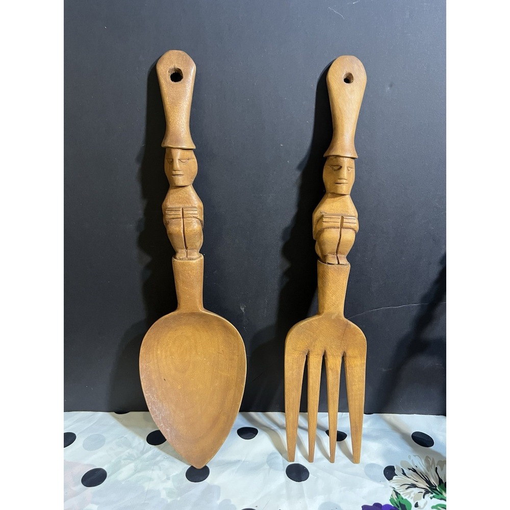 Wood Salad Fork &‎ Spoon Mid Century Tribal Hand Carved Decor 12" (2055)
